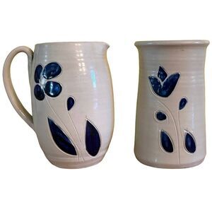 Vintage Williamsburg Pottery Blue Salt Glaze Pitcher & Vase Set 6.5"